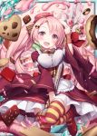  1girl :d akkijin breasts brown_ribbon cake candy card_(medium) chocolate cookie doughnut food hat heart large_breasts long_hair looking_at_viewer official_art open_mouth pink_eyes pink_hair pink_hat polearm ribbon shinkai_no_valkyrie smile striped striped_ribbon thighhighs trident twintails weapon 