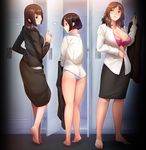 3girls ass back bare_legs barefoot black_eyes black_hair black_skirt bra breasts brown_hair business_suit cleavage closed_mouth do_s_na_ol_joou_sama dressing_room eyebrows eyebrows_visible_through_hair feet full_body game_cg highres index_finger_raised indoors large_breasts legs long_hair long_sleeves looking_at_another multiple_girls nana_g original panties parted_lips pink_bra purple_panties short_hair skirt smile standing suit thighs toes unbuttoned underwear undressing 