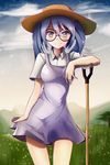  absurdres bespectacled blue_hair cowboy_shot dress glasses green_eyes hat hatsune_miku highres looking_at_viewer outdoors shovel smile solo twintails vladislav_ton vocaloid 