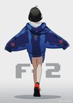  absurdres ahoge black_hair bob_cut commentary design fami_(yellow_skies) from_behind full_body highres hood hood_down hoodie original outstretched_arms red_footwear shoes short_hair solo standing twitter_username 