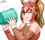  ;t animal_ears bare_shoulders blonde_hair bridle brown_eyes brown_hair brown_sports_bra bucket chestnut_thoroughbred_(kemono_friends) commentary_request dated detached_sleeves extra_ears eyebrows_visible_through_hair food food_on_face from_side hands_up happa_(cloverppd) holding holding_bucket horse_ears horse_girl kemono_friends long_hair long_ponytail looking_at_viewer looking_to_the_side motion_lines multicolored_hair partial_commentary signature simple_background solo upper_body white_background 