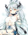  bare_shoulders blue_flower blue_rose blush breasts collarbone commentary_request draph flower granblue_fantasy hair_between_eyes hair_flower hair_ornament highres horns izmir large_breasts long_hair looking_at_viewer mole mole_under_mouth navel pointy_ears red_eyes rose silver_hair simple_background snowflake_hair_ornament solo swimsuit underboob white_background yuzuki_gao 