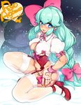  agawa_ryou aqua_hair bear belly blue_eyes bow breasts covered_nipples earrings hair_bow heart_headband high_heels jewelry long_hair looking_at_viewer mary_janes medium_breasts navel parted_lips pink_bow shoes solo thick_eyebrows thick_lips thighhighs thighs very_long_hair white_legwear 