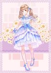  :d blue_dress blue_footwear brown_hair dress flower frilled_dress frills hair_flower hair_ornament high_heels highres layered_dress looking_at_viewer musical_note open_mouth red_eyes shoes sixteenth_note smile solo standing summer_worm tian_tian_meng_wuyu twintails white_legwear 