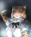  anger_vein animal_ears bow bow_(bhp) commentary_request frilled_shirt frills fur_collar glowing glowing_eyes jaguar_(kemono_friends) jaguar_ears jaguar_print kemono_friends shirt short_hair yellow_eyes 