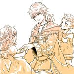  2boys cape dress eudes_(fire_emblem) fire_emblem fire_emblem:_kakusei gloves hood long_hair lucina male_my_unit_(fire_emblem:_kakusei) monochrome multiple_boys my_unit_(fire_emblem:_kakusei) nezumoto open_mouth short_hair smile white_hair younger 