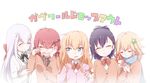  :3 ^_^ ahoge bafarin bat_hair_ornament blonde_hair blue_eyes blue_scarf bow cardigan chisaki_tapris_sugarbell closed_eyes commentary copyright_name cross_hair_ornament crying flower gabriel_dropout girl_sandwich hair_flower hair_ornament highres holding_hands jacket kurumizawa_satanichia_mcdowell long_hair messy_hair multiple_girls necktie petting pink_jacket purple_hair red_hair sandwiched scarf school_uniform shiraha_raphiel_ainsworth short_hair smile tears tenma_gabriel_white tsukinose_vignette_april white_background white_hair x_hair_ornament 