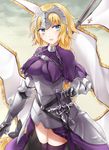  armor armored_dress bangs blonde_hair blue_eyes blush braid breasts capelet chain commentary_request cowboy_shot fate/apocrypha fate_(series) faulds flag gauntlets headpiece jeanne_d'arc_(fate) jeanne_d'arc_(fate)_(all) large_breasts long_hair looking_at_viewer parted_lips shiao single_braid smile solo very_long_hair 