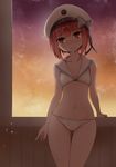  absurdres bikini brown_eyes brown_hair cowboy_shot hat highres kantai_collection lowleg lowleg_bikini min_(minsik) orange_sky sailor_bikini sailor_collar sailor_hat short_hair sky solo swimsuit thigh_gap white_bikini white_hat white_sailor_collar window z3_max_schultz_(kantai_collection) 