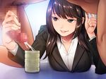  1girl all_fours black_eyes breast_rest breasts brown_hair business_suit censored clothed_female_nude_male cum cup do_s_na_ol_joou_sama drinking_glass ejaculation erection eyebrows eyebrows_visible_through_hair game_cg handjob highres indoors large_breasts long_hair looking_to_the_side mosaic_censoring nana_g nipple_tweak original parted_lips penis penis_milking sitting smile solo_focus suit 