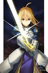  ahoge armor armored_dress artoria_pendragon_(all) blonde_hair blue_dress blue_ribbon character_name copyright_name dress excalibur fate/zero fate_(series) floating_hair gauntlets green_eyes hair_between_eyes hair_ribbon highres holding holding_sword holding_weapon looking_at_viewer mizu_(dl7613) ribbon saber short_hair smile solo sword weapon 