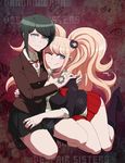  black_hair blanko! blue_eyes breasts choker danganronpa danganronpa_1 enoshima_junko freckles grey_eyes hug ikusaba_mukuro long_hair multiple_girls nail_polish school_uniform short_hair smile tattoo tied_hair twintails wink 