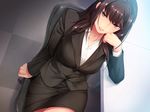  1girl black_eyes black_skirt breasts brown_hair business_suit chair chin_rest do_s_na_ol_joou_sama eyebrows eyebrows_visible_through_hair game_cg highres indoors large_breasts legs long_hair long_sleeves looking_at_viewer nana_g original pantyhose parted_lips sitting skirt solo suit table thighs 