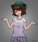  absurdres animal_ears bad_id bad_tumblr_id brown_hair cat_ears chen cheshikk emoticon green_hat hat hat_ribbon highres jewelry looking_at_viewer open_mouth outstretched_wrists ribbon shirt short_hair single_earring skirt smile smug solo t-shirt touhou w_arms 