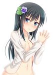  asashio_(kantai_collection) black_hair blue_eyes blush bottomless breasts buttons cleavage collarbone eyebrows_visible_through_hair flower groin hair_between_eyes hair_flower hair_ornament hanazome_dotera jewelry kantai_collection long_hair long_sleeves navel no_bra open_clothes open_shirt out-of-frame_censoring purple_flower remodel_(kantai_collection) ring shirt simple_background small_breasts solo wedding_band white_background white_shirt 