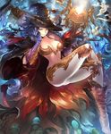  artist_request blue_hair breasts cape cygames disaster_witch gloves hand_on_own_face hat large_breasts long_hair midriff official_art red_eyes revealing_clothes shadowverse shingeki_no_bahamut staff witch witch_hat 