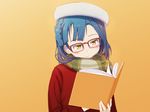  bespectacled blue_hair blush book book_focus braid commentary_request fur_hat glasses gyorui_(katsuwo_drawing) hat highres idolmaster idolmaster_million_live! nanao_yuriko reading scarf simple_background smile solo sweater yellow_eyes 