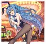  ange_vierge animal_ears aqua_ribbon ass back-seamed_legwear bangs bare_shoulders black_legwear black_leotard blue_hair blush bow bowtie breasts bunny_ears bunny_tail bunnysuit casino commentary_request detached_collar eyebrows_visible_through_hair from_side hair_between_eyes hair_ribbon holding holding_tray indoors leotard long_hair looking_at_viewer looking_back open_mouth pantyhose ribbon seamed_legwear sidelocks slot_machine small_breasts solo sparkle tail tray two_side_up very_long_hair watermark wrist_cuffs yellow_eyes yuuki_rika 