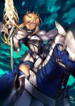  ahoge armor armored_boots armored_dress artoria_pendragon_(all) artoria_pendragon_(lancer) bangs barding blonde_hair blue_dress blue_legwear blurry boots braid breastplate cape closed_mouth cloud cloudy_sky cross crown depth_of_field dress dun_stallion dusk eyebrows_visible_through_hair falling_petals fate/grand_order fate_(series) faulds floating_hair from_below fur-trimmed_cape fur_trim gauntlets green_eyes green_sky hair_between_eyes highres holding holding_reins horse horseback_riding karlwolf lance light_particles long_sleeves looking_at_viewer looking_down outdoors petals polearm reins rhongomyniad riding serious sidelocks sky thighhighs weapon white_cape wind 