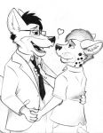  &lt;3 absurd_res anthro anthro_on_anthro canid canine clothing duo ear_piercing eye_contact eyewear fox george_(georgethefox) georgethefox glasses hair hand_holding hi_res hyaenid male male/male mammal monochrome necktie neckwear open_mouth piercing romantic_couple shirt short_hair side_view simple_background smile spotted_hyena suit t-shirt traditional_media_(artwork) 