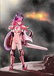  absurdres armor artist_name bikini_armor black_gloves black_legwear breasts cape commentary dated dragon_tail elbow_gloves elizabeth_bathory_(brave)_(fate) elizabeth_bathory_(fate)_(all) fate/grand_order fate_(series) gauntlets gesundheit_(artist) gloves greaves highres horns long_hair looking_to_the_side loose_bikini navel oversized_clothes pauldrons pink_hair pointy_ears serious shield silver_eyes silver_trim small_breasts solo sword tail thighhighs tiara weapon 