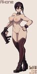  1girl areolae black_hair black_nail_polish black_nails boots bottomless breasts brown_eyes choker cross fingerless_gloves full_body gloves gun lamb-oic029 large_breasts muscular muscular_female navel nipples original ponytail pubic_hair smile solo standing thighhighs topless 