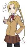  bangs blonde_hair brown_eyes brown_jacket brown_skirt collared_shirt commentary_request cowboy_shot hagimura_suzu hand_on_hip jacket long_hair long_sleeves looking_at_viewer neck_ribbon parted_bangs parted_lips pleated_skirt pointing pointing_at_viewer red_ribbon ribbon school_uniform seitokai_yakuindomo shirt simple_background sketch skirt solo standing translated twintails very_long_hair white_background white_shirt yuki_arare 