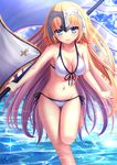  banner barefoot bikini blonde_hair blue_eyes breasts cleavage collarbone day eyebrows_visible_through_hair fate/apocrypha fate_(series) floating_hair groin holding holding_weapon jeanne_d'arc_(fate) jeanne_d'arc_(fate)_(all) large_breasts leg_up long_hair looking_at_viewer navel outdoors side-tie_bikini smile solo standing standing_on_one_leg swimsuit toshi_(1-147) very_long_hair water weapon white_bikini 