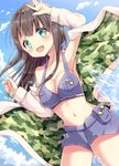  :d armpits bra breasts brown_hair cleavage collarbone cowboy_shot eyebrows_visible_through_hair gochuumon_wa_usagi_desu_ka? green_eyes grey_bra grey_shorts large_breasts long_hair medium_breasts open_mouth satsuki_yukimi short_shorts shorts sideboob smile solo ujimatsu_chiya underwear 