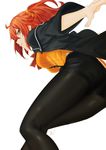  absurdres black_legwear black_shorts brown_eyes cwind eyebrows_visible_through_hair fate/grand_order fate_(series) from_behind fujimaru_ritsuka_(female) hair_between_eyes hair_ornament hair_scrunchie highres long_hair looking_at_viewer looking_back neck_ribbon orange_hair orange_scrunchie pantyhose pantyhose_under_shorts parted_lips red_ribbon ribbon scrunchie shirt short_shorts shorts side_ponytail simple_background solo white_background yellow_shirt 