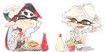  2girls aori_(splatoon) black_hair brown_eyes chin_rest closed_mouth commentary_request cousins detached_collar domino_mask earrings eating elbow_rest fangs food food_on_head french_fries gloves grey_hair hand_on_own_cheek highres hotaru_(splatoon) jewelry ketchup ketchup_bottle long_hair looking_at_another mask mayonnaise mole mole_under_eye multiple_girls object_on_head open_mouth plate short_hair simple_background sitting smile splatoon_(series) splatoon_2 strapless table tentacle_hair ukata white_background white_gloves 