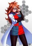  android_21 black-framed_eyewear blue_eyes breasts brown_hair curly_hair cyborg dragon_ball dragon_ball_fighterz dress earrings glasses hoop_earrings jadenkaiba jewelry labcoat long_hair looking_at_viewer medium_breasts nail_polish pantyhose red_hair solo 