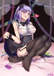  :q absurdres alternate_legwear bare_shoulders black_bow black_flower black_legwear black_ribbon black_rose blue_eyes blush bow breasts come_hither condom convenient_leg crossed_ankles dagashi_kashi feet flower food frilled_shirt frills garter_straps gins hair_flower hair_ornament hair_ribbon hairband heart heart-shaped_pupils high-waist_skirt highres large_breasts licking_lips looking_at_viewer no_panties purple_hair ribbon ringed_eyes rose shidare_hotaru shirt short_hair sitting skirt skirt_lift smile solo suspender_skirt suspenders sweets symbol-shaped_pupils taut_clothes taut_shirt thighhighs thighs tongue tongue_out 