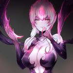  :p absurdres bare_shoulders black_background blood blush breasts center_opening cleavage collarbone elbow_gloves evelynn fingernails gloves half-closed_eyes highres large_breasts league_of_legends licking_lips multicolored_hair pink_hair pink_lips pocari_sweat_(artist) sharp_fingernails sidelocks simple_background solo tongue tongue_out two-tone_hair white_hair white_skin yellow_eyes 
