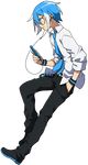  belt blue_hair blue_nails cellphone earphones expressionless full_body hand_in_pocket highres looking_at_viewer male_focus matsuda_toki matsudappoiyo nail_polish necktie official_art pants phone sanpaku smartphone solo transparent_background utau wristband 