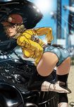  ass belt bent_over bikini blonde_hair boots car cidney_aurum commentary day engine final_fantasy final_fantasy_xv ganassa gloves ground_vehicle hat jacket lips looking_at_viewer looking_back motor_vehicle open_hood outdoors shorts solo swimsuit thighhighs 
