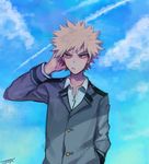  bakugou_katsuki bangs blonde_hair blue_sky blush boku_no_hero_academia closed_mouth cloud cloudy_sky collared_shirt condensation_trail day grey_jacket hand_behind_head hand_in_pocket jacket long_sleeves looking_away looking_to_the_side male_focus outdoors red_eyes school_uniform shirt signature sky solo spiked_hair sun_ah upper_body white_shirt 
