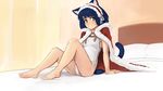  animal_ears arm_support barefoot bed blue_hair cape cat_ears cat_tail cyan_(show_by_rock!!) fur-trimmed_cape fur_trim green_eyes highres indoors light_smile looking_at_viewer on_bed paintrfiend red_cape school_swimsuit short_hair show_by_rock!! sitting sitting_on_bed solo swimsuit tail white_school_swimsuit white_swimsuit 