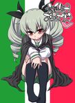  alternate_costume anchovy bangs black_legwear black_neckwear black_ribbon blouse capelet closed_mouth commentary drill_hair flag_background full_body girls_und_panzer green_hair green_skirt hair_ribbon hanya_(hanya_yashiki) happy_birthday italian_flag kneehighs leg_hug long_hair long_sleeves looking_at_viewer miniskirt neckerchief no_shoes ooarai_school_uniform pleated_skirt red_eyes ribbon school_uniform serafuku skirt smile solo translated twin_drills twintails white_blouse 