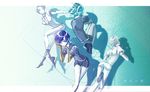  androgynous antarcticite aqua_hair blue_eyes blue_hair boots cairngorm_(houseki_no_kuni) comparison copyright_name dual_persona fetal_position gem_uniform_(houseki_no_kuni) gloves golden_arms gradient gradient_background highres houseki_no_kuni index_finger_raised leg_up multiple_others natsuiro necktie phosphophyllite phosphophyllite_(ll) puffy_short_sleeves puffy_sleeves short_hair short_shorts short_sleeves shorts spoilers uniform white_gloves white_hair white_neckwear white_skin 