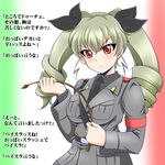  &gt;:( anchovy anzio_military_uniform bangs belt black_neckwear black_ribbon drill_hair eyebrows_visible_through_hair flag_background frown girls_und_panzer gradient gradient_background green_hair grey_jacket hair_ribbon holding italian_flag jacket long_hair looking_at_viewer military military_uniform necktie red_eyes ribbon riding_crop rusher sam_browne_belt solo translation_request twin_drills twintails uniform upper_body v-shaped_eyebrows 