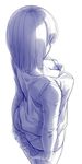  arms_behind_back blue breasts cleavage copyright_request cowboy_shot downblouse facing_away from_above from_behind highres large_breasts long_sleeves monochrome no_pants own_hands_together panties shirt short_hair simple_background sketch sleeves_past_wrists solo standing underwear white_background yin-ting_tian 