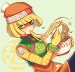  arms_(game) bangs beanie blonde_hair chinese_clothes chopsticks domino_mask eating eyebrows_visible_through_hair eyes_visible_through_hair food gloves green_eyes hat holding holding_chopsticks mask min_min_(arms) noodles ramen short_hair slurping solo wusagi2 yellow_gloves 