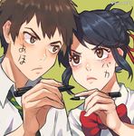  1girl black_hair bow bowtie braid brown_eyes brown_hair face_painting french_braid frown half_updo holding holding_marker kimi_no_na_wa marker miyamizu_mitsuha necktie school_uniform striped striped_neckwear sun_ah tachibana_taki twitter_username 