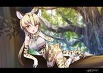  animal_ears animal_print bad_anatomy bad_id bad_pixiv_id black_hair blonde_hair day elbow_gloves eyebrows_visible_through_hair fang gloves gradient_hair high-waist_skirt highres kemono_friends long_hair looking_at_viewer lying multicolored_hair ocelot_(kemono_friends) ocelot_ears omoomomo outdoors print_gloves print_legwear shadow shirt shoes signature skirt sleeveless sleeveless_shirt solo thighhighs tree two-tone_hair white_footwear white_shirt yawning 