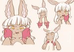  animal_ears arm_grab cheek_squash fangs finger_in_mouth floating_hand flying_sweatdrops furry hands_on_another's_chest lifting_person made_in_abyss nanachi_(made_in_abyss) simple_background solo_focus whiskers white_hair yama_gan yellow_eyes 