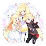  2girls black_pants blonde_hair blush braid brother_and_sister closed_eyes dress family gladio_(pokemon) green_eyes hair_over_one_eye hand_on_another's_head heart hood hoodie lillie_(pokemon) long_hair long_sleeves lusamine_(pokemon) mother_and_daughter mother_and_son multiple_girls mvls_7 one_eye_closed open_mouth pants pokemon pokemon_(game) pokemon_sm short_dress short_hair siblings sleeveless sleeveless_dress smile torn_clothes torn_pants twin_braids very_long_hair white_dress z-ring 