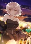  bare_shoulders blonde_hair breasts cleavage eyebrows_visible_through_hair fate/apocrypha fate/grand_order fate_(series) fur_trim headpiece highres iroha_(shiki) jacket jeanne_d'arc_(alter)_(fate) jeanne_d'arc_(fate)_(all) jewelry looking_at_viewer md5_mismatch medium_breasts necklace night night_sky short_hair sky smile wicked_dragon_witch_ver._shinjuku_1999 yellow_eyes 