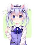  =_= alternate_hairstyle angora_rabbit animal_ears bad_id bad_pixiv_id blue_bow blue_eyes blue_hair blush bow bunny bunny_ears closed_mouth collared_shirt commentary_request eyebrows_visible_through_hair fingernails frilled_hairband frilled_sleeves frills gochuumon_wa_usagi_desu_ka? green_background hair_between_eyes hair_ornament hairband hand_up highres kafuu_chino long_hair long_sleeves looking_at_viewer purple_vest rabbit_house_uniform shirt simple_background squiggle tareme tippy_(gochiusa) tsuruse twintails upper_body vest wavy_mouth white_shirt x_hair_ornament 
