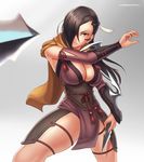  arm_blade breasts brown_eyes brown_hair cleavage detached_sleeves fire_emblem fire_emblem_if grey_background hair_over_one_eye hybridmink kagerou_(fire_emblem_if) kunai large_breasts lips loincloth long_hair ninja obi ponytail sash scarf serious shiny shiny_hair shiny_skin simple_background solo thighs weapon yellow_scarf 